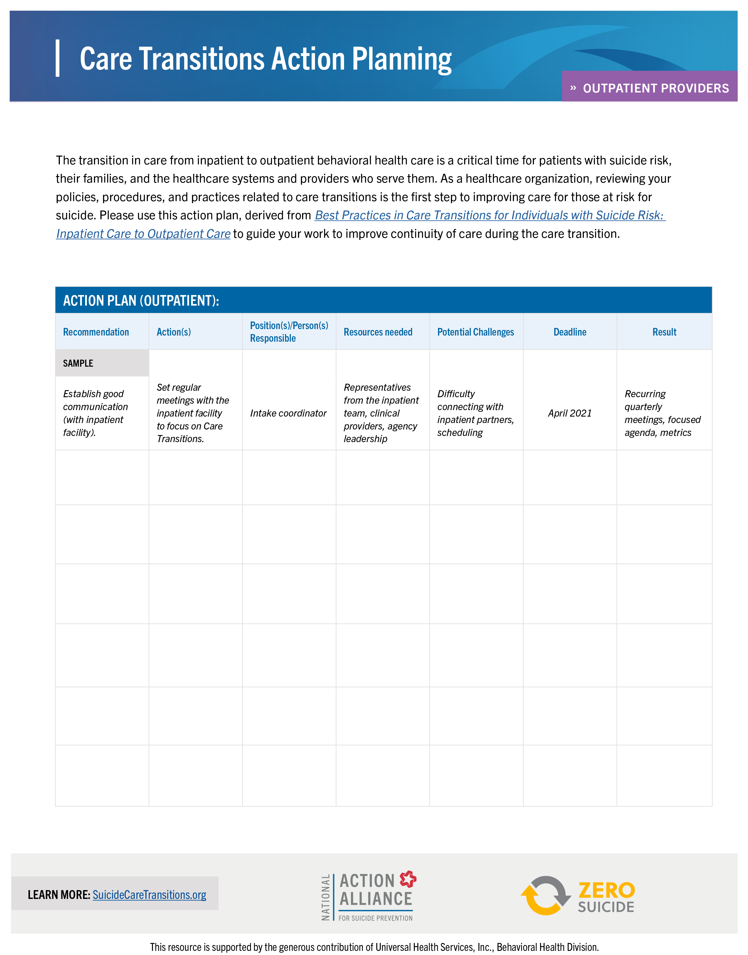 Outpatient Care Transitions Action Planning Template