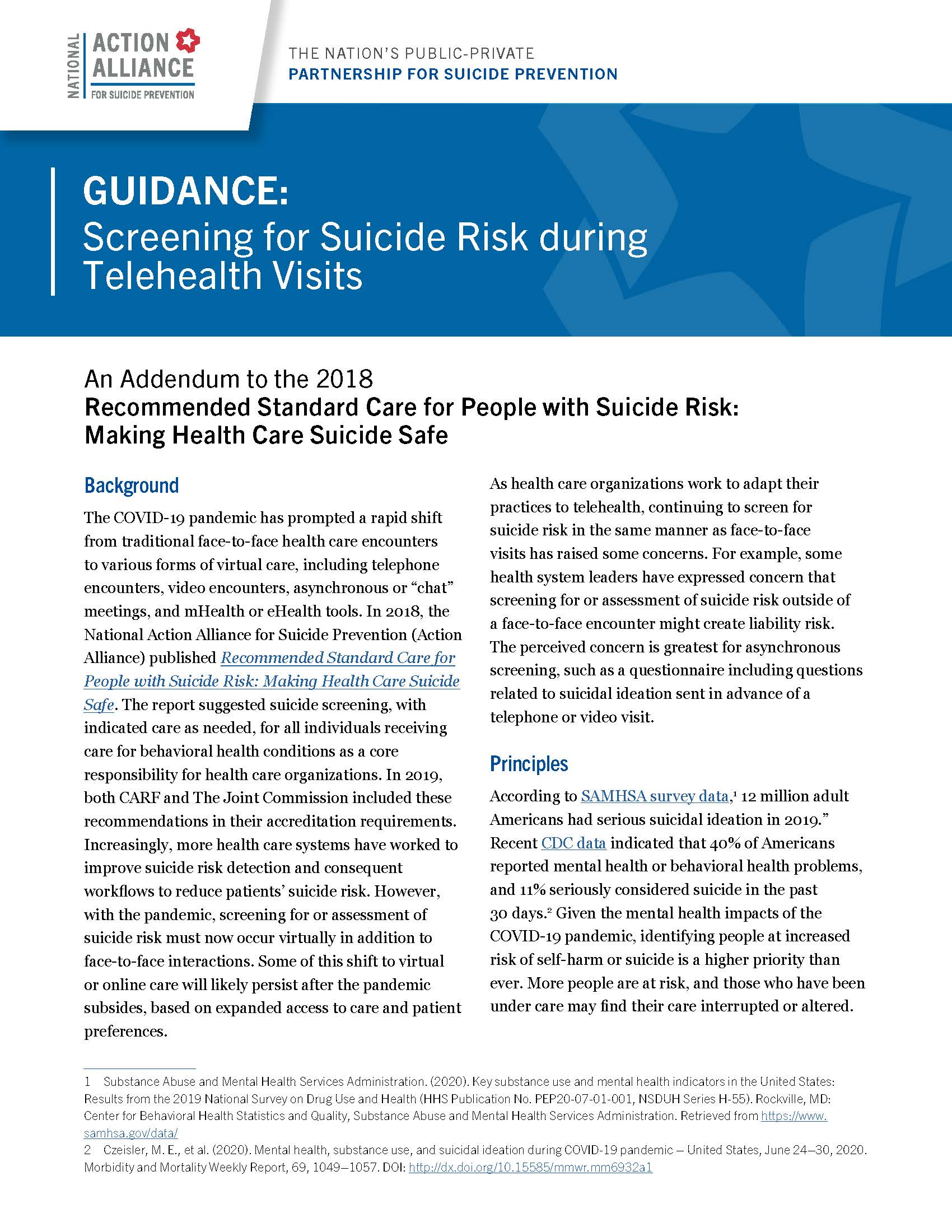 Guidance: Screening for Suicide Risk during Telehealth Visits
