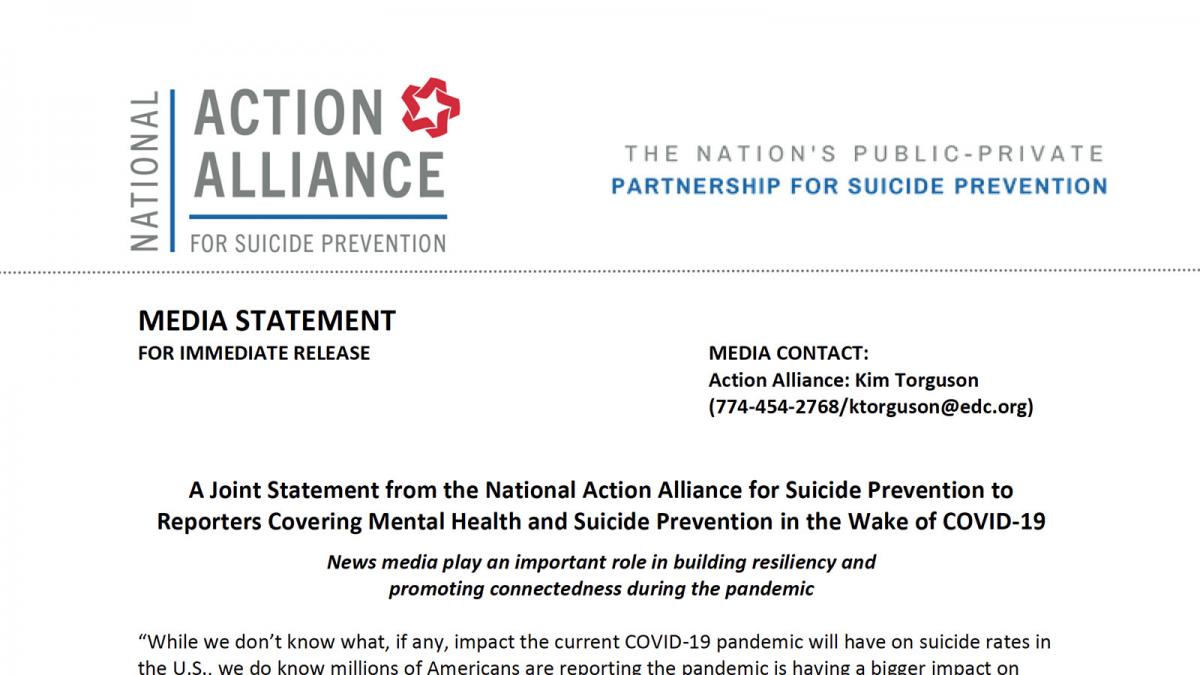 A Joint Statement to Reporters Covering Mental Health and Suicide Prevention in the Wake of COVID-19