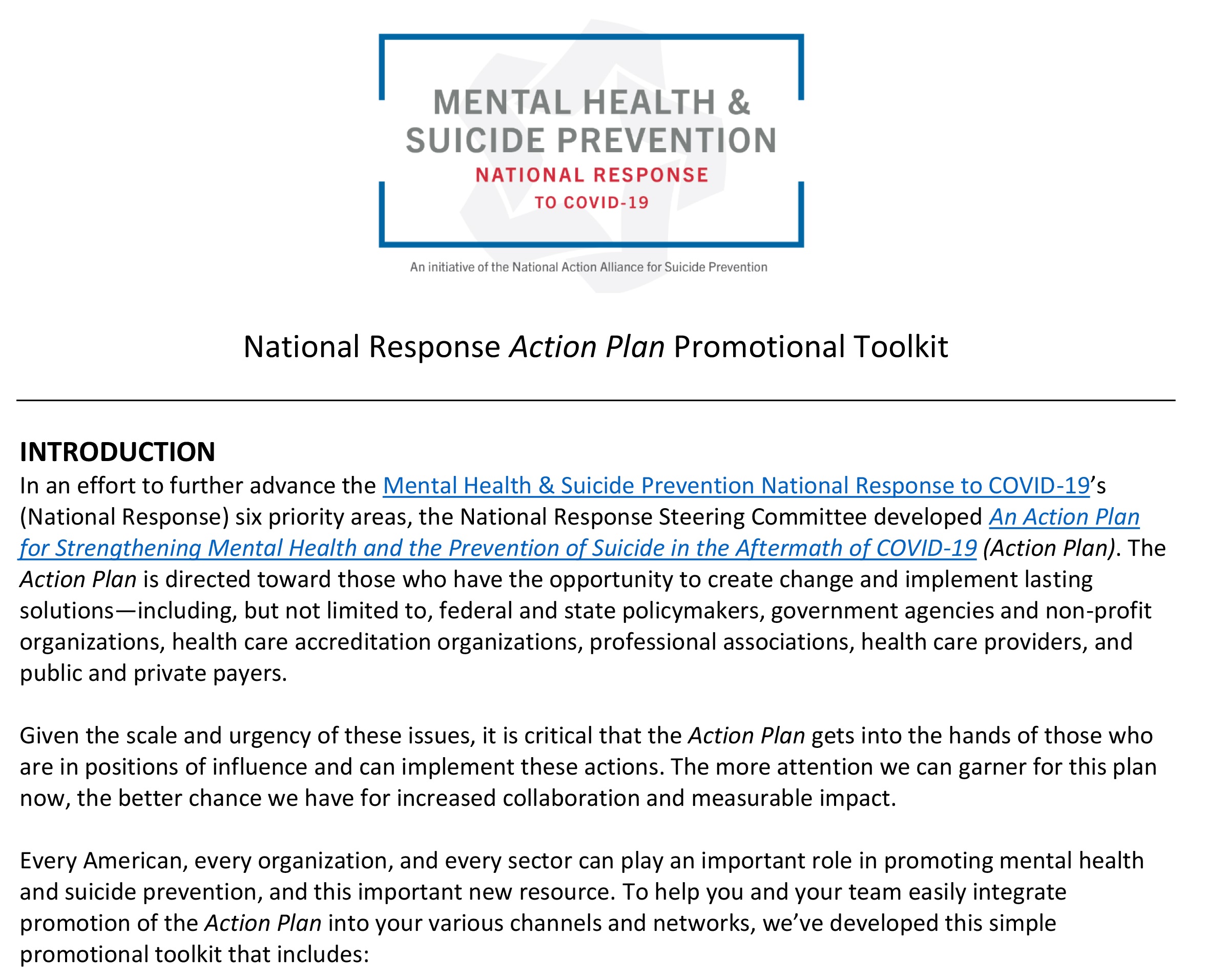 National Response Action Plan Promotional Toolkit