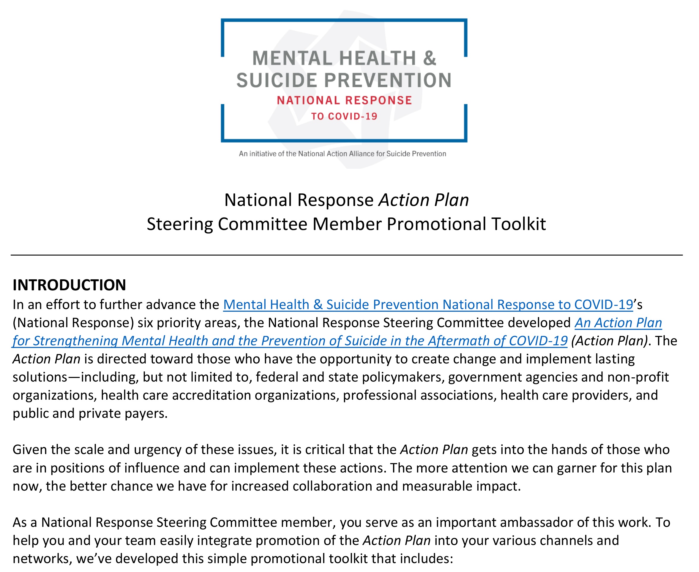 National Response Action Plan Steering Committee Member Promotional Toolkit