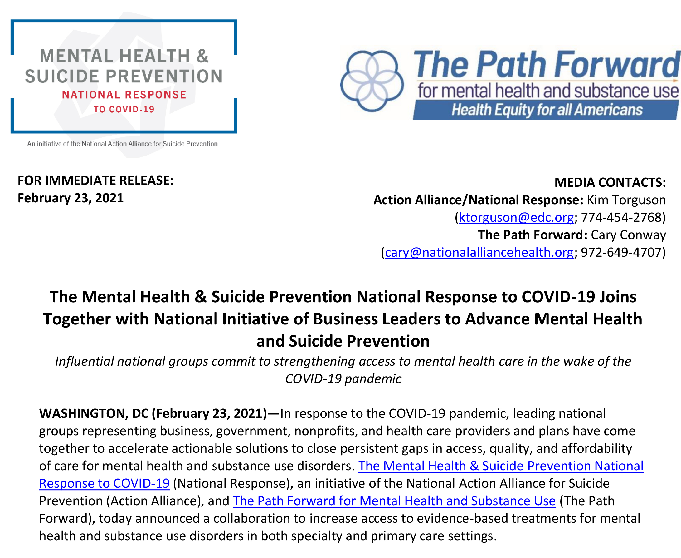 The Mental Health & Suicide Prevention National Response to COVID-19 Joins Together with National Initiative of Business Leaders to Advance Mental Health and Suicide Prevention 