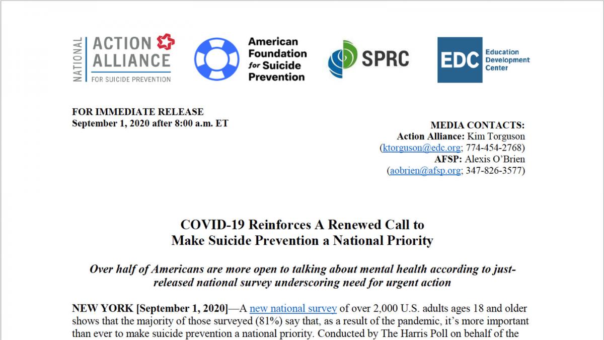 Joint Press Release: 2020 Poll Data Released About Mental Health and Suicide 